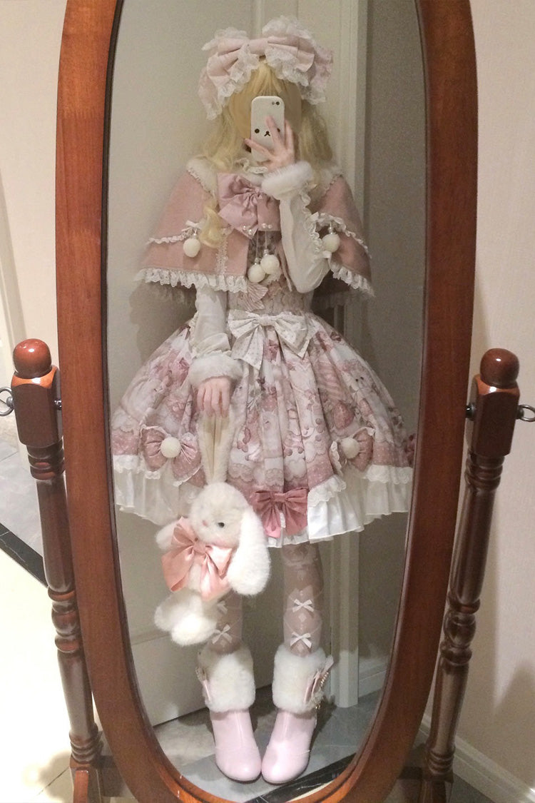 Pink Sweet Dessert Cat Print Ruffle Bowknot Lace Sweet Princess Lolita Dress Set