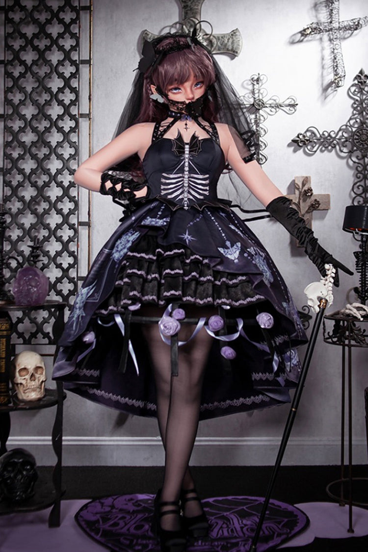 Black Feast of Bones Halterneck Multi-Layered Print Ruffle Lace Gothic Elegant Lolita Jsk Dress
