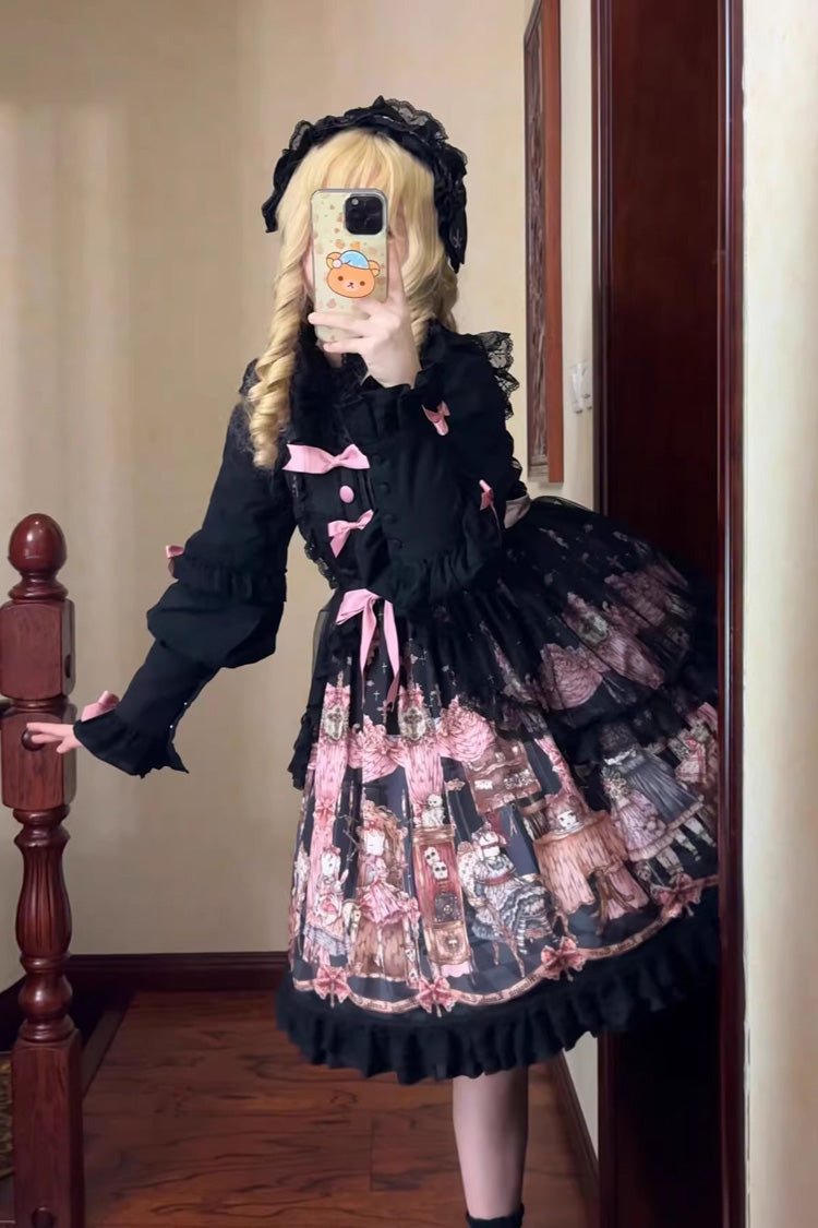 Black The Case of the Missing Lamb Print Ruffle Bowknot Lace Gothic Lolita Jsk Dress