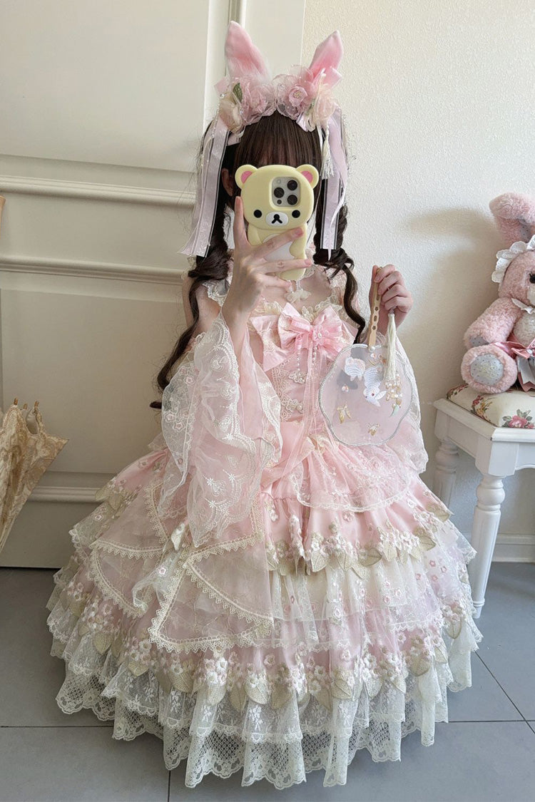 Pink Falling Flowers in the Rain Sleeveless Ruffle Embroidery Bowknot Sweet Chinese Style Lolita Jsk Dress