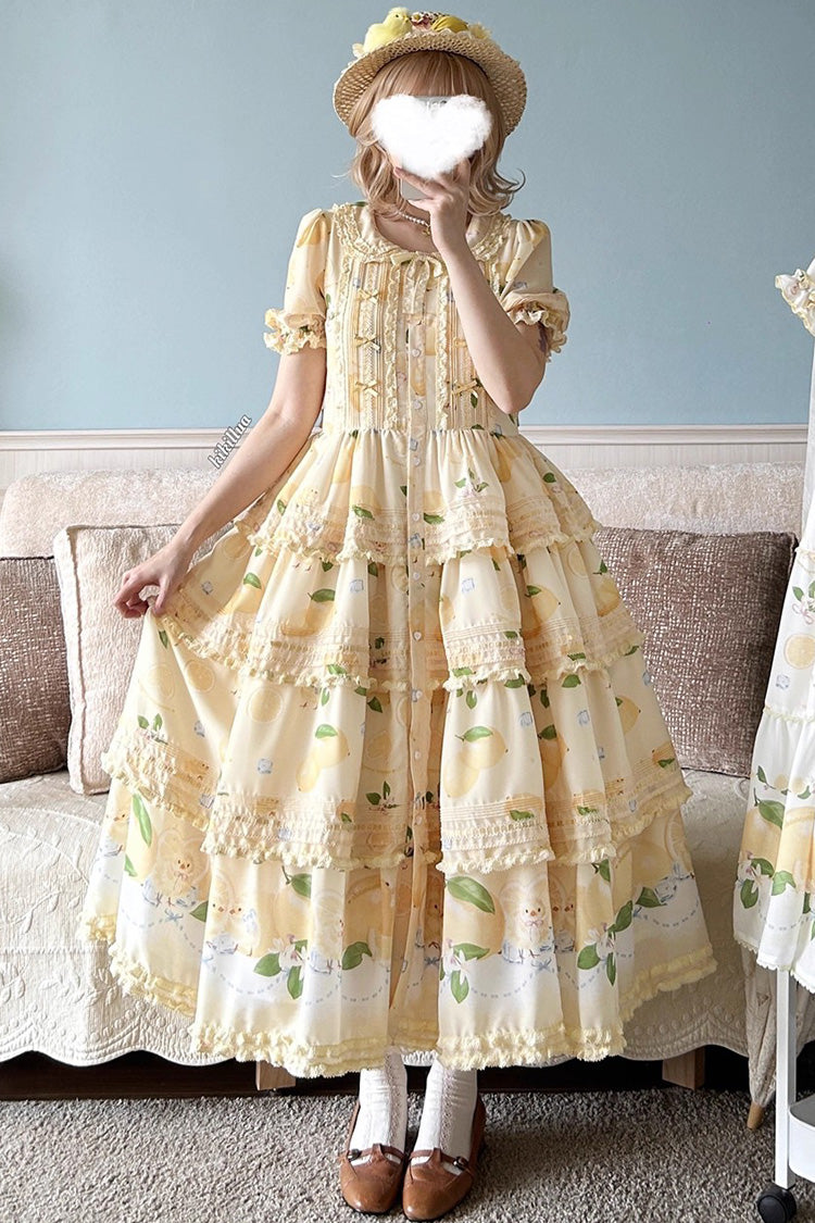Yellow Lemon Chicken Short Sleeves Triple-Layered Print Ruffle Bowknot Lace Sweet Gorgeous Lolita Dress