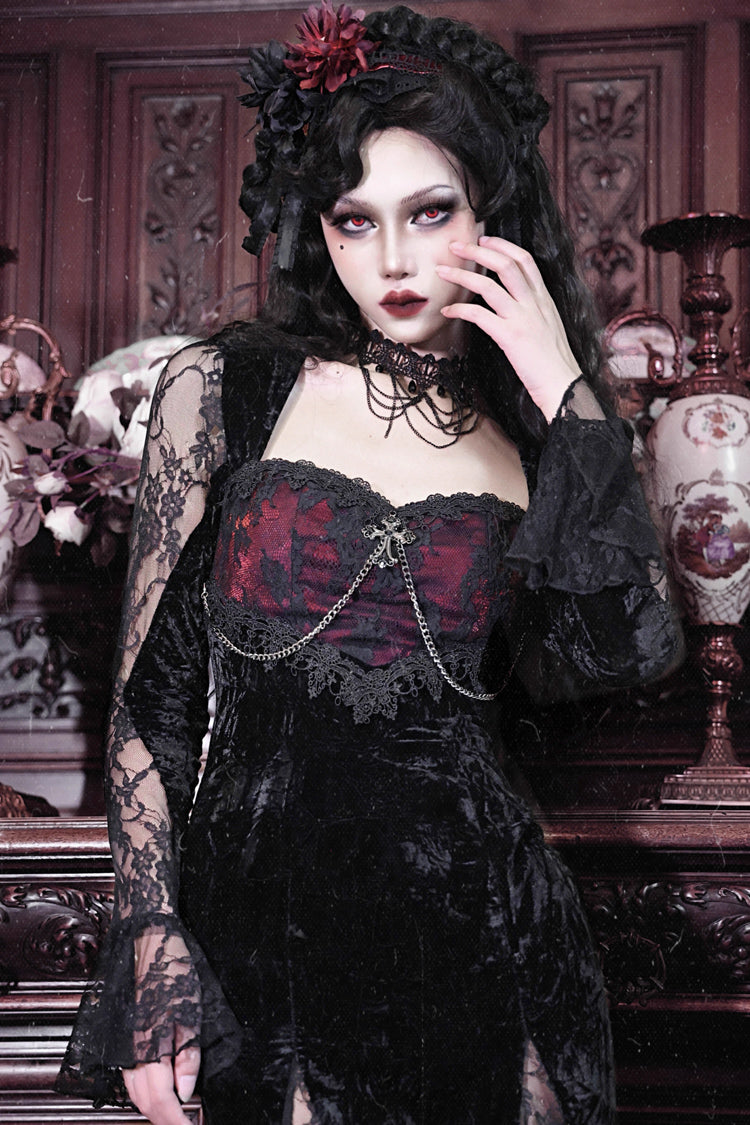 Black/Red Rose Cemetery Long Sleeves Lace Slim Gothic Lolita Fishtail Dress