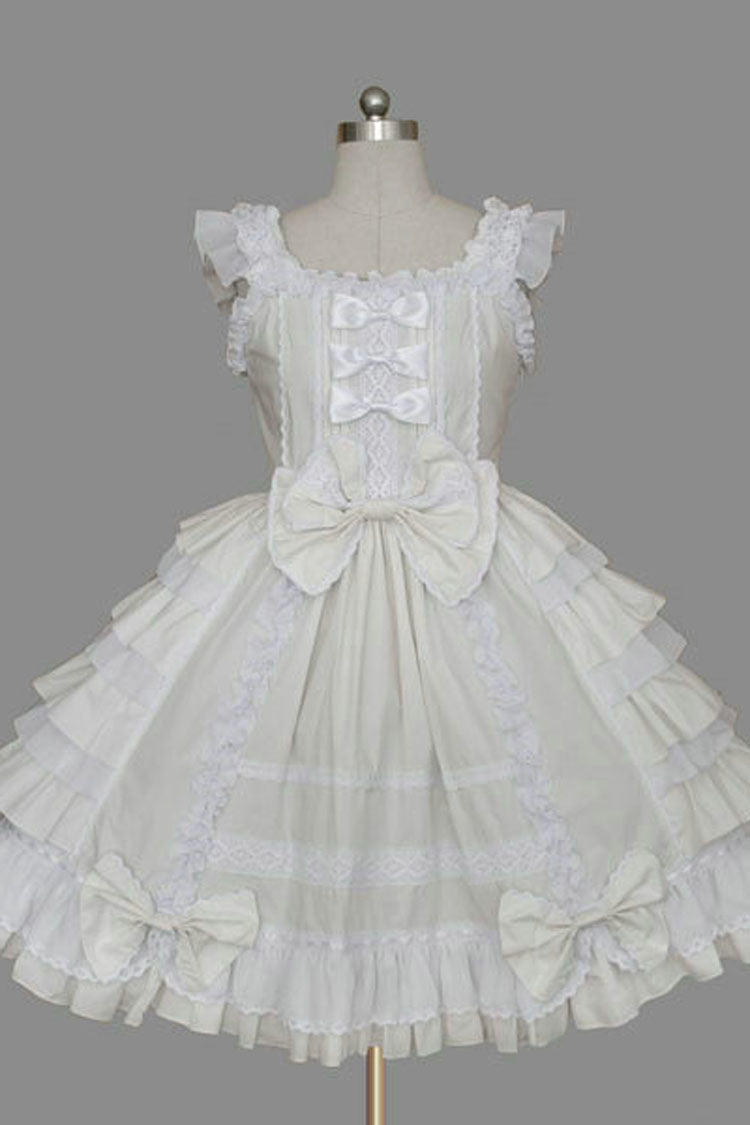 Lace Square Neck Cap Sleeve Knee Length Ruffled Bowknot Sweet Lolita Dress