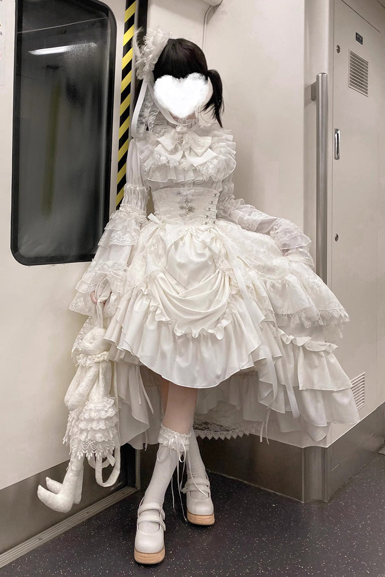 White Eternal Taboo Long Hime Sleeves Ruffled Bow Gothic Lolita Skirt Dress Set