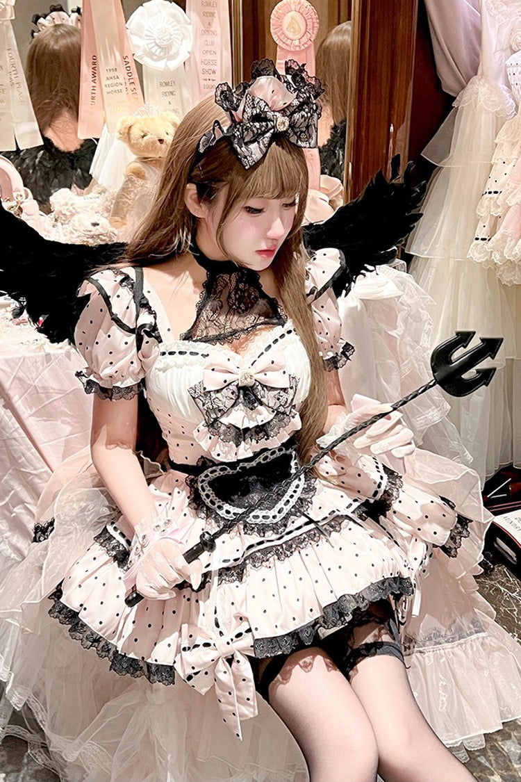 Pink Apprentice Cupid Halterneck Short Sleeves Print Ruffle Bowknot Lace Maid Sweet Lolita Dress