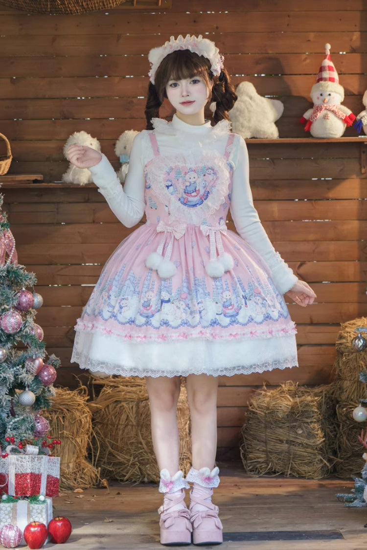 Pink Snowball Wonderland Print Merry Christmas Ruffle Bowknot Lace Sweet Lolita Jsk Dress