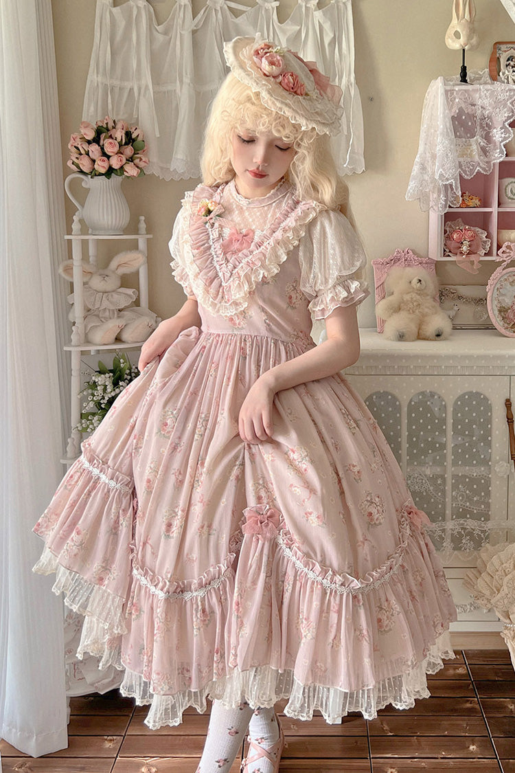Daydream Rose Short Sleeves Floral Jacquard Print Ruffle Embroidery Bowknot Sweet Lolita Dress 3 Colors