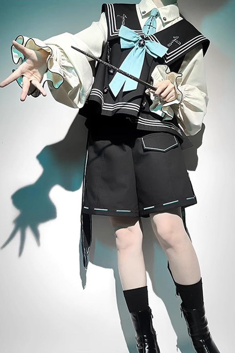 Dark Blue Magician Long Sleeves Ouji Prince Mechanical Style Lolita Shorts Vest Set