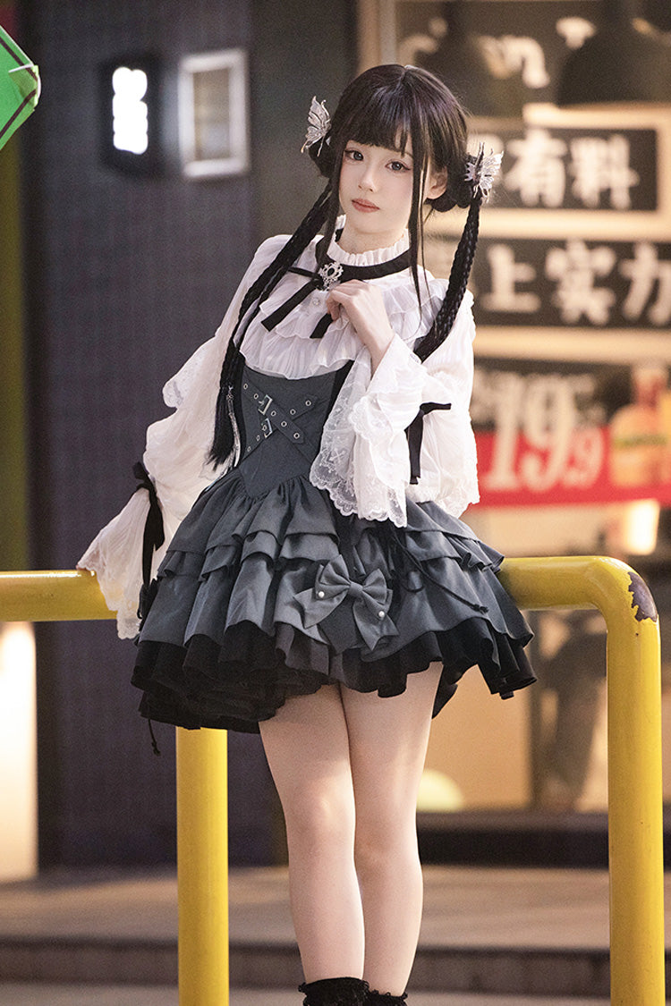 Black/Grey Machinist Sleeveless Multi-Layered Ruffle Bowknot Classic College Style Lolita Dress