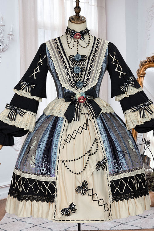 Multi-Color Finches In The Mirror Print Cardigan Long Sleeves Princess Ruffled Classic Lolita OP Dress