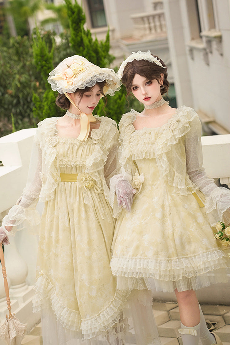 Yellow Falling Flowers as a Message Square Collar Short Sleeves Print Ruffle Lace Sweet Elegant Lolita Long Dress