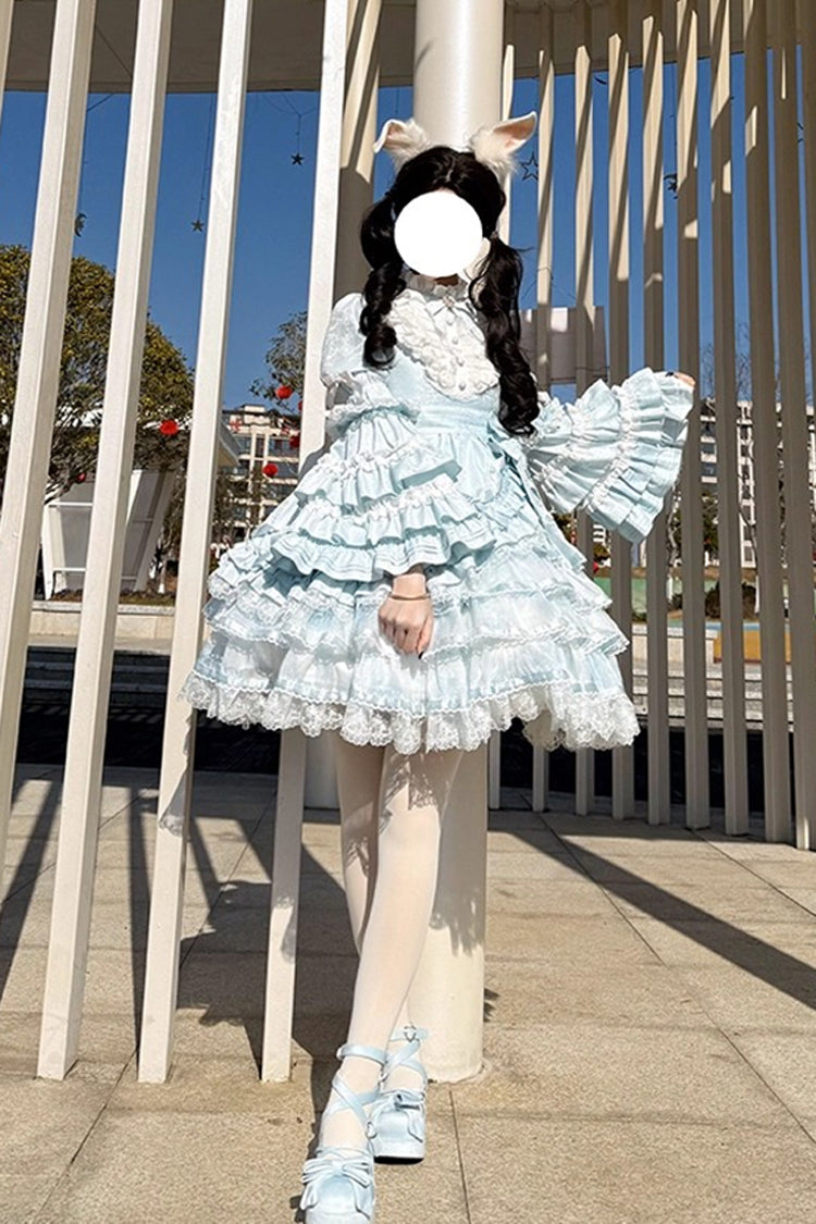 Blue The Soloist Doll Long Hime Sleeves Multi-Layered Print Ruffle Bowknot Asymmetric Sweet Lolita Dress