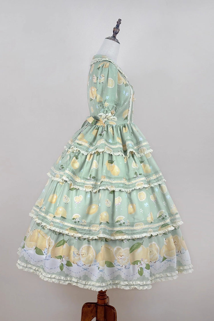 Green Lemon Chicken Short Sleeves Triple-Layered Print Ruffle Bowknot Lace Sweet Gorgeous Lolita Dress