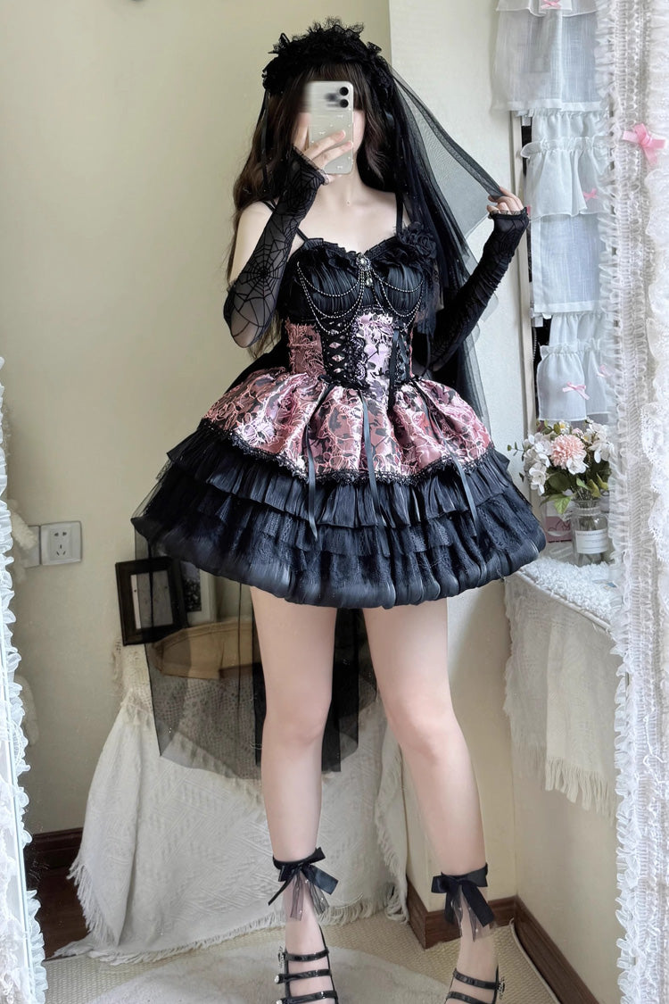 Black/Pink Ancient Dream of the Dark Night Print Ruffle Gothic Lolita Jsk Dress