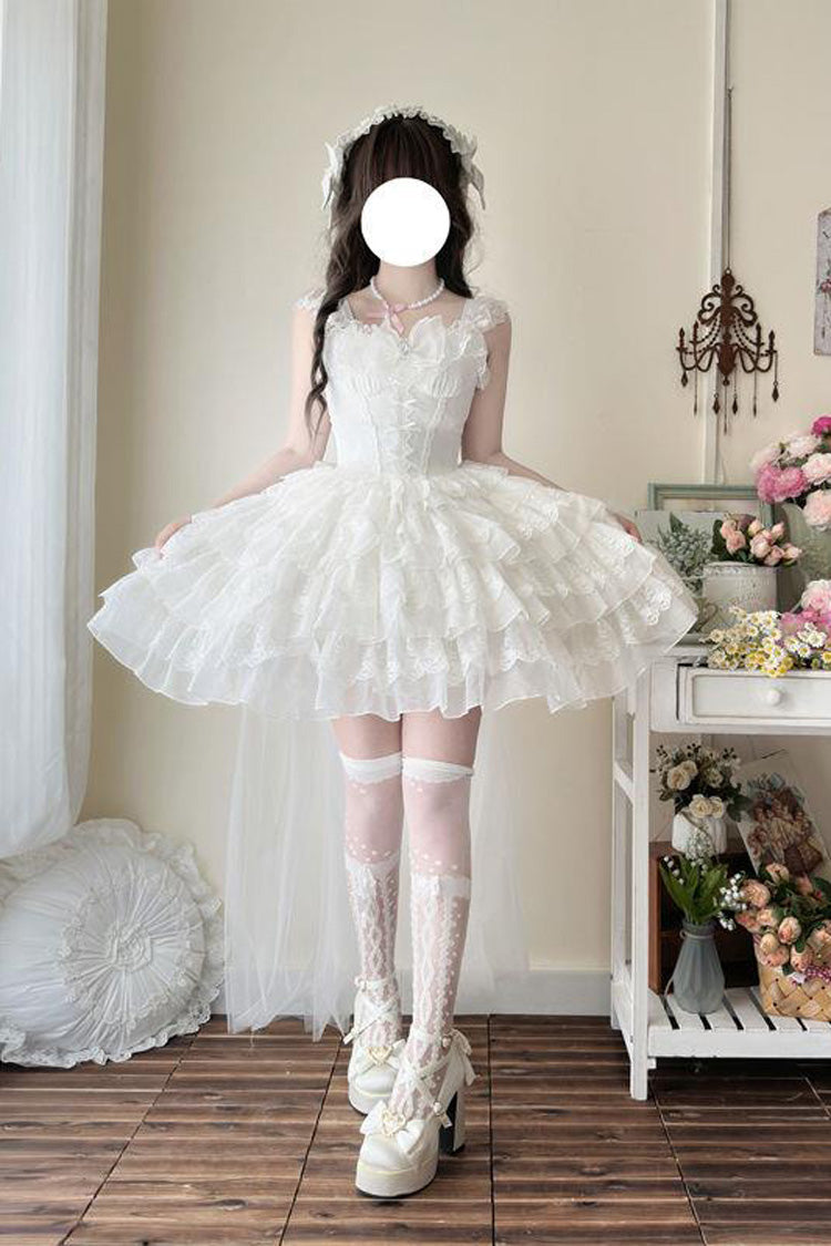 White From Broken Wings to Rebirth Sleeveless Multi-Layered Ruffle Bowknot Lace-Up Gothic Ballet Lolita Jsk Dress