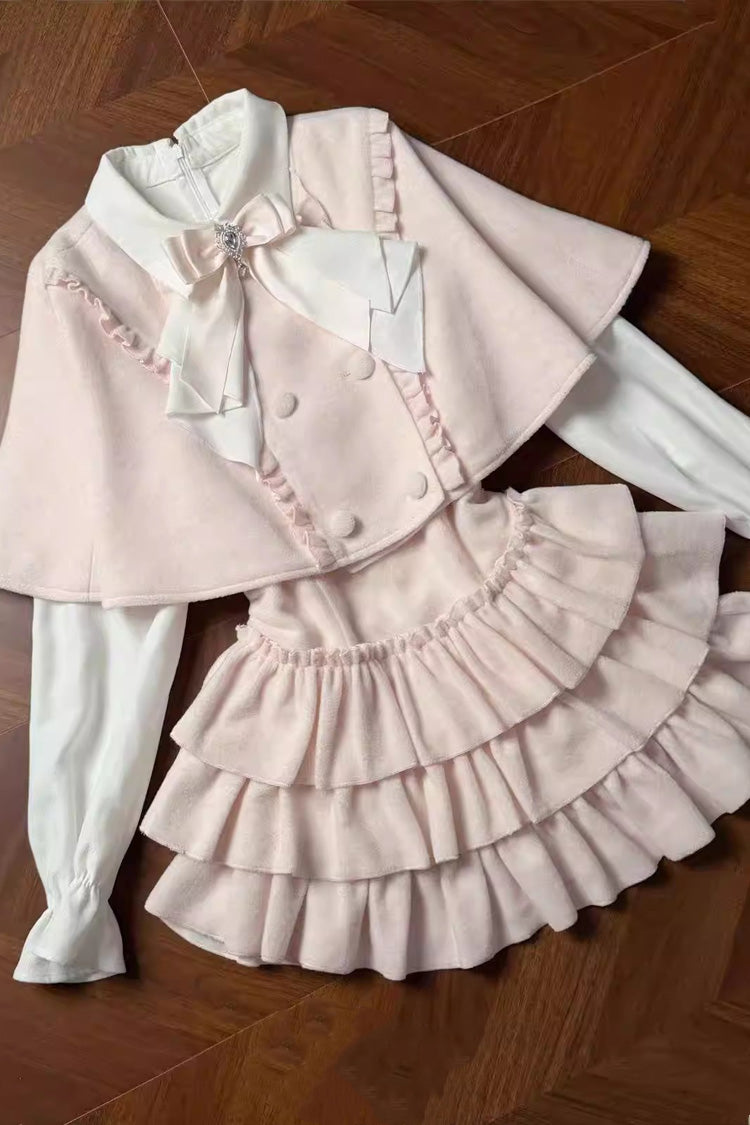Pink Cherry Blossom Snow Lapel Collar Long Sleeves Triple-Layered Ruffled Bow Faux Two-Piece Sweet Lolita Dress