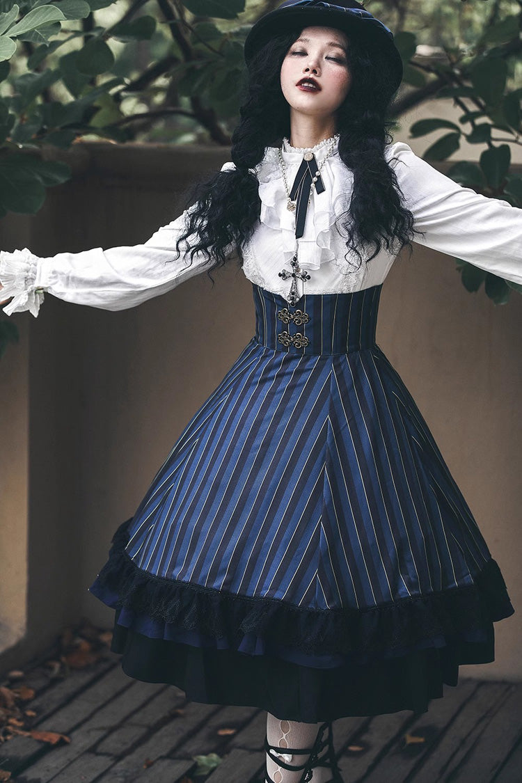 Point Manor Multi-layer Striped Print Ruffle Vintage Elegant Gothic Lolita Skirt 4 Colors