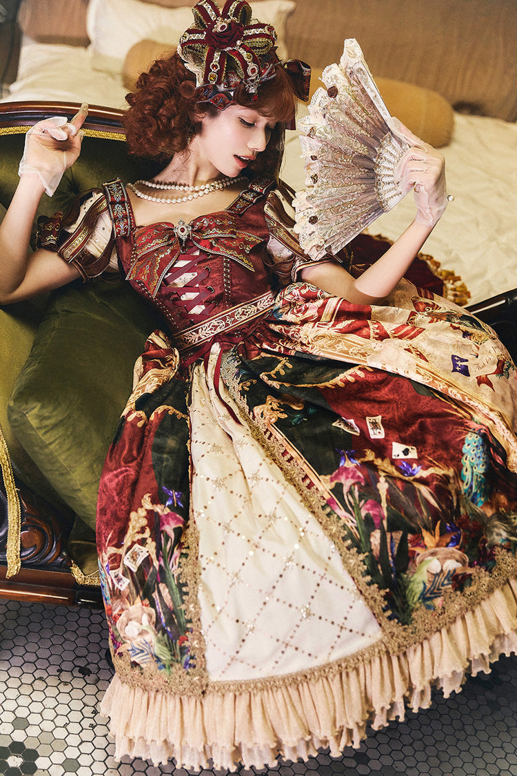Red Kaleidoscope of Dreams Double-Layered Print Embroidery Bowknot Lace-Up Classic Vintage Gorgeous Lolita Dress