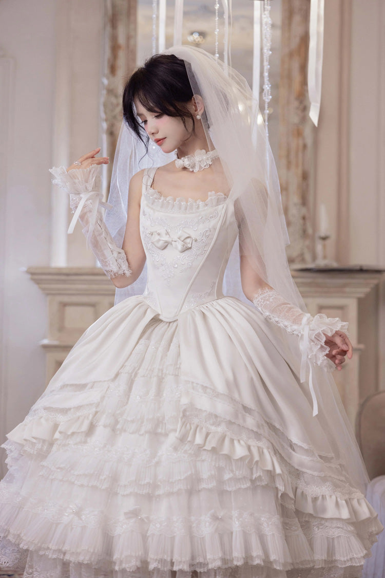 White Promise of the Rose Multi-Layered Ruffled Hanayome Open-Front Bow Sweet Gorgeous Lolita Jsk Dress Set