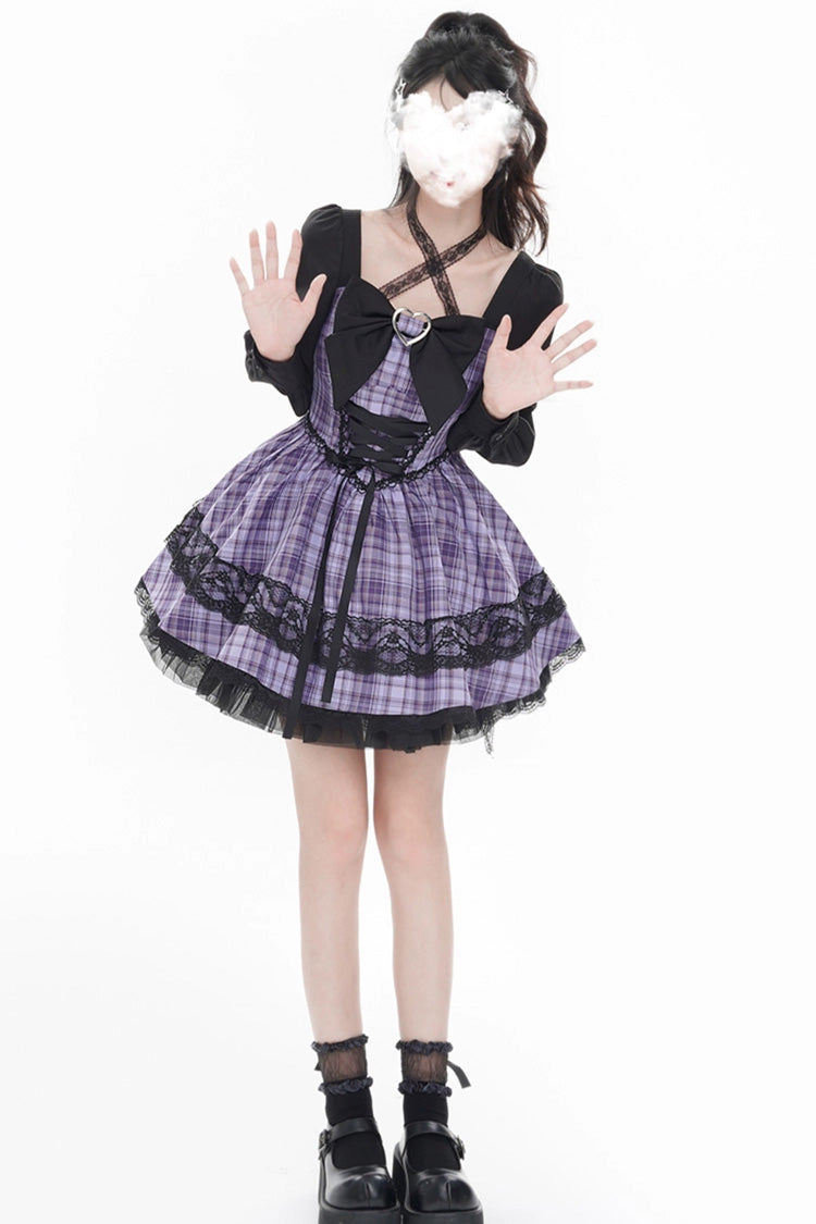 Purple Witch Time Long Sleeves Plaid Print Bowknot Lace Sweet Lolita Dress
