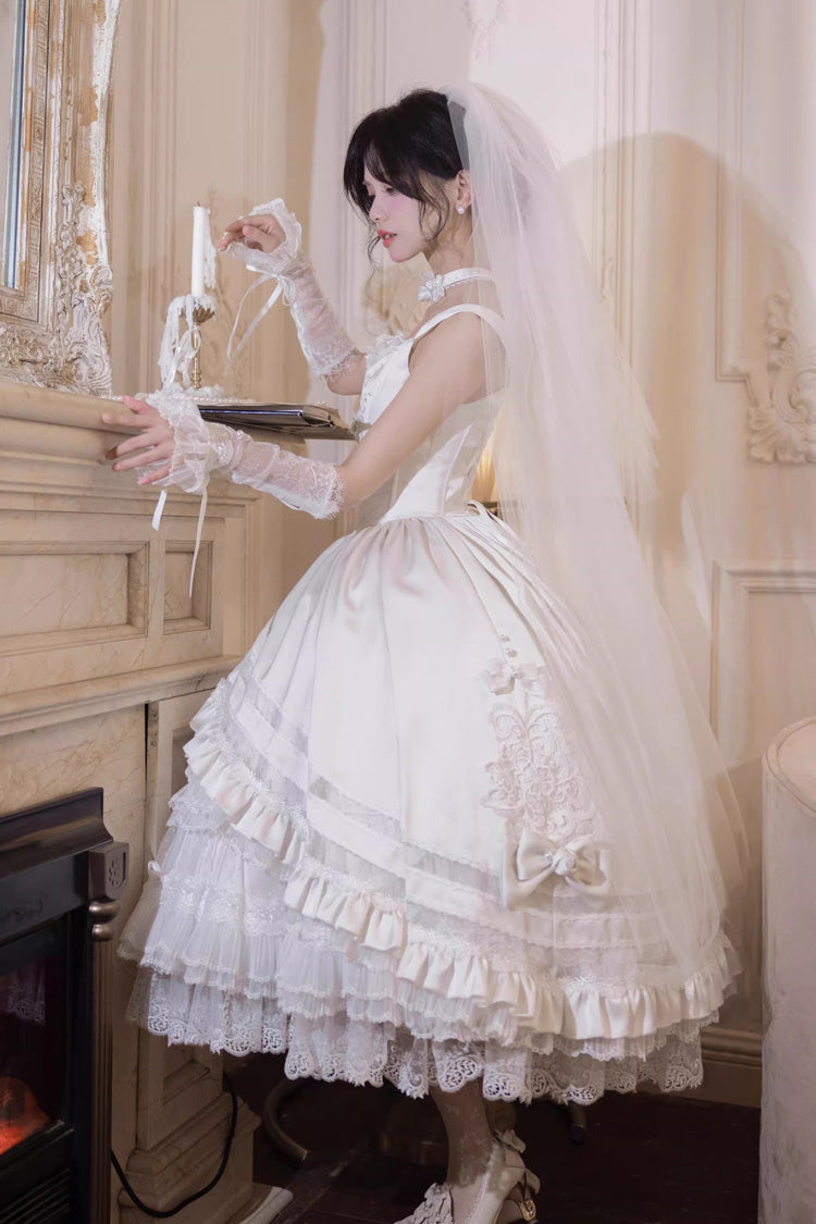 White Promise of the Rose Multi-Layered Ruffled Hanayome Open-Front Bow Sweet Gorgeous Lolita Jsk Dress Set