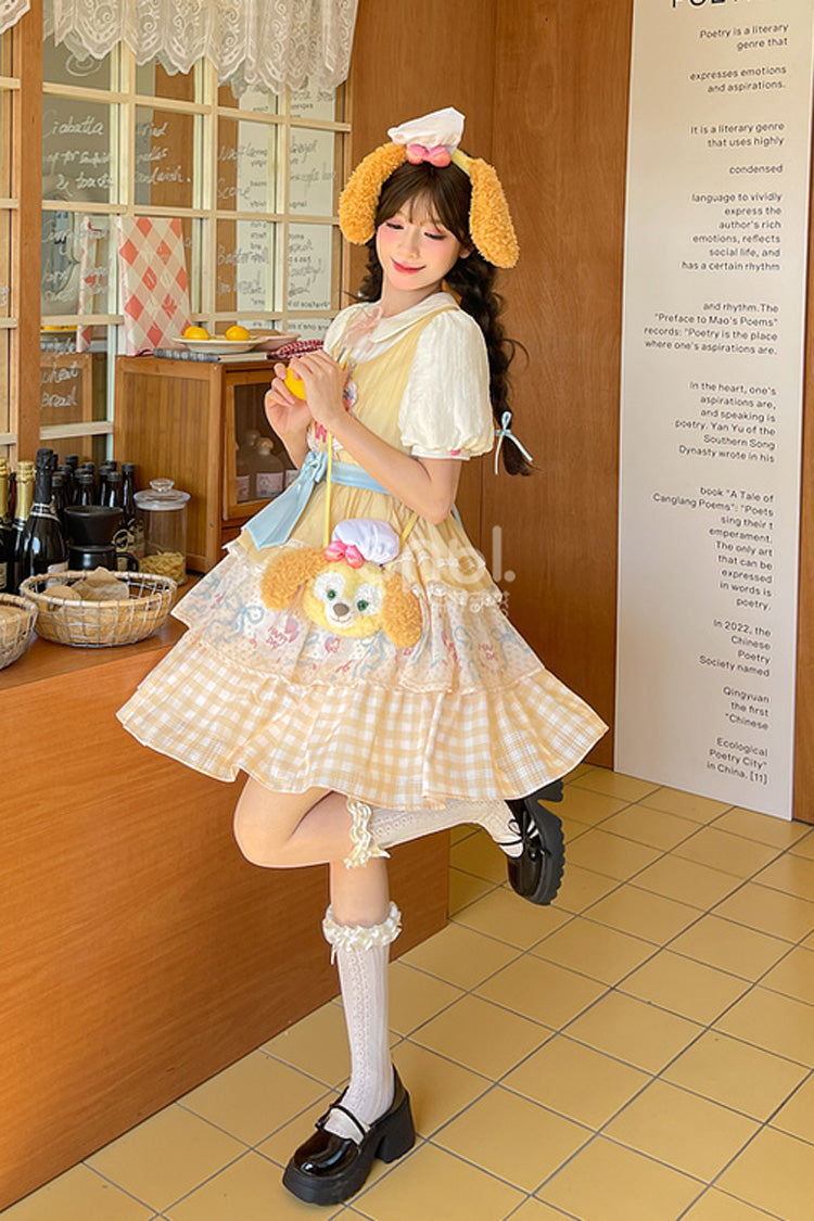 Yellow Happy Day Short Sleeves Triple-Layered Print Bowknot Lace Sweet Princess Lolita Dress