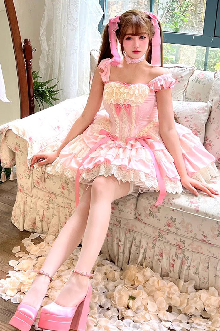 Pink Strawberry Candy Multi-Layered Ruffle Bowknot Lace Sweet Ballet Lolita Dress