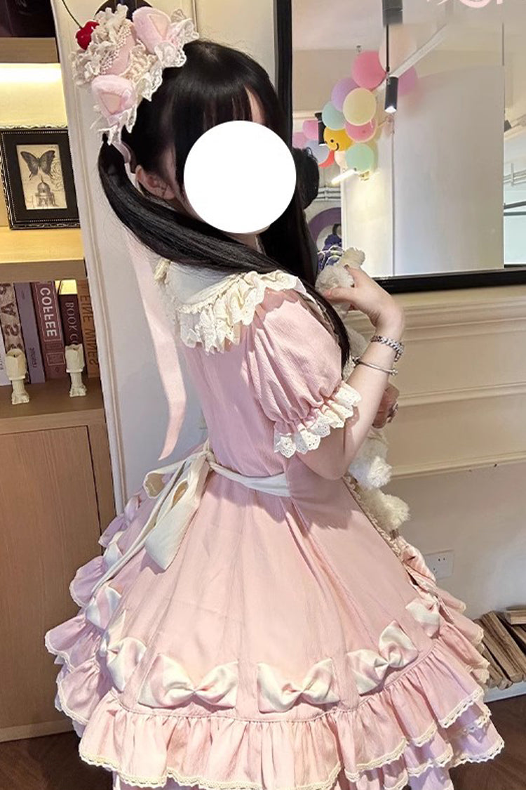 Pink Striped Layered Short Sleeves Multi-Layered Ruffle Bowknot Sweet Princess Lolita Tiered Dress
