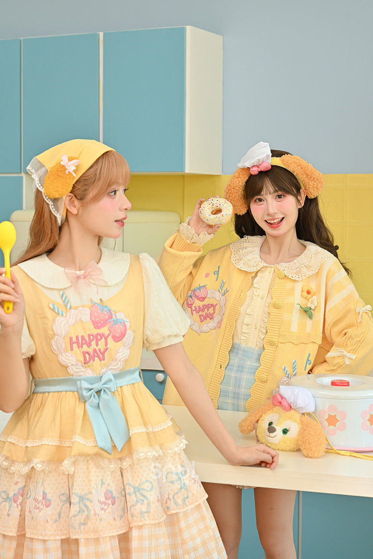 Yellow Happy Day Short Sleeves Triple-Layered Print Bowknot Lace Sweet Princess Lolita Dress