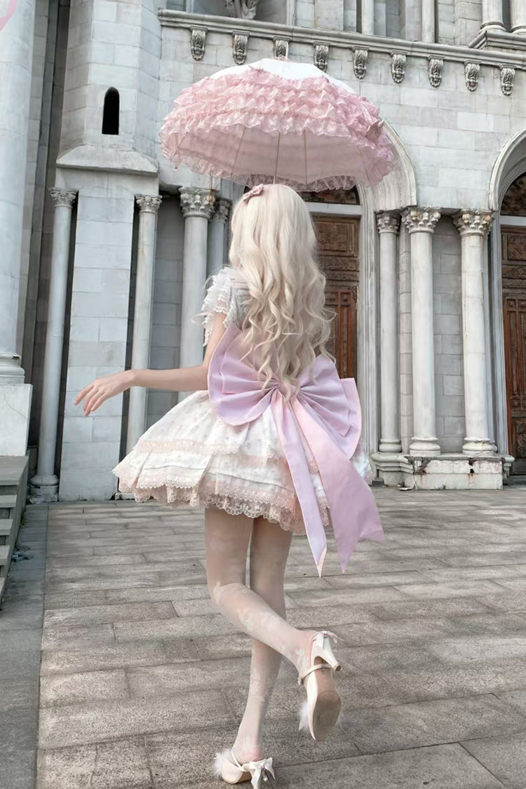 Pink First Love Rose Multi-Layered Print Ruffle Bowknot Lace Sweet Lolita Jsk Dress Set