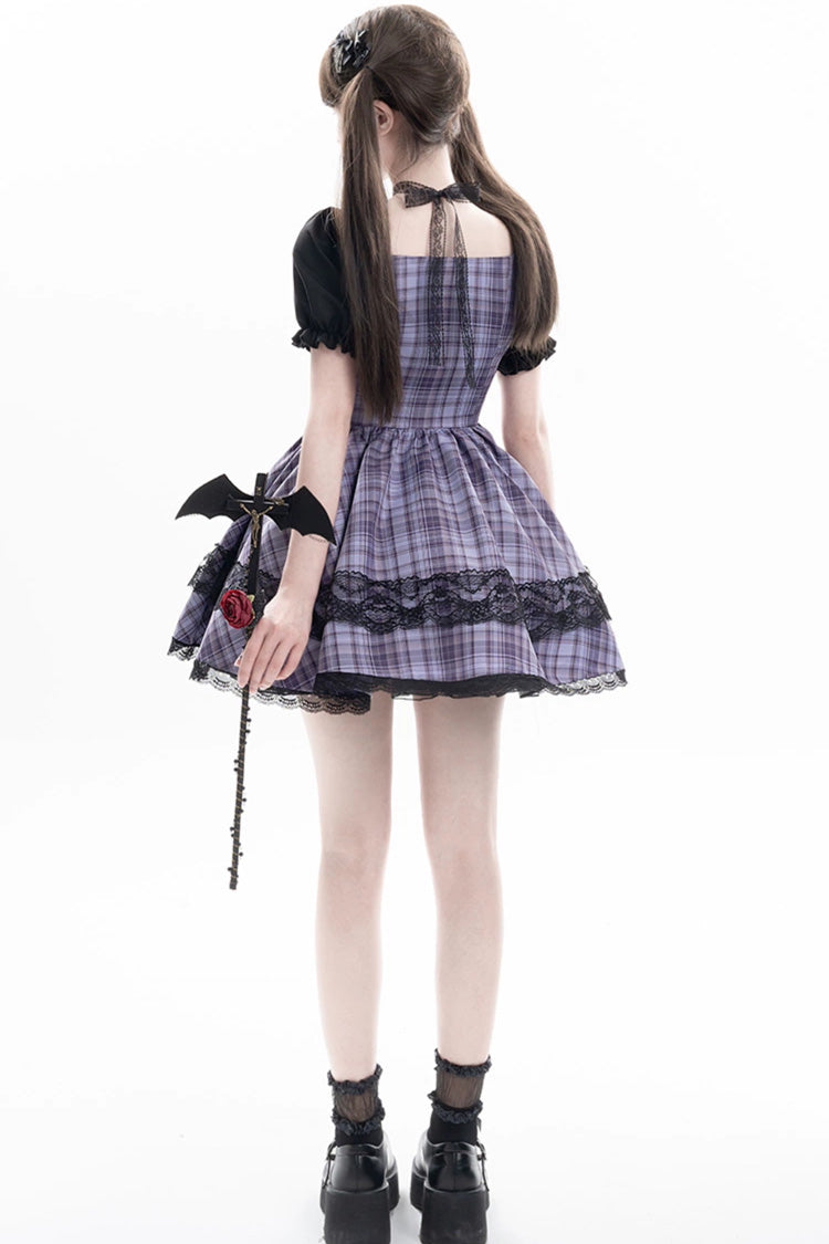 Purple Witch Time Short Puff Sleeves Plaid Print Bowknot Lace Sweet Lolita Dress