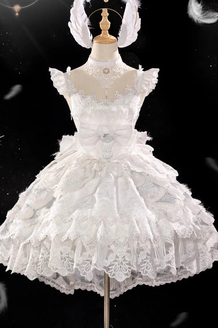 White Peacock Feather Multi-Layered Ruffle Hanayome Cardigan Bowknot Lace Sweet Lolita Jsk Dress Set