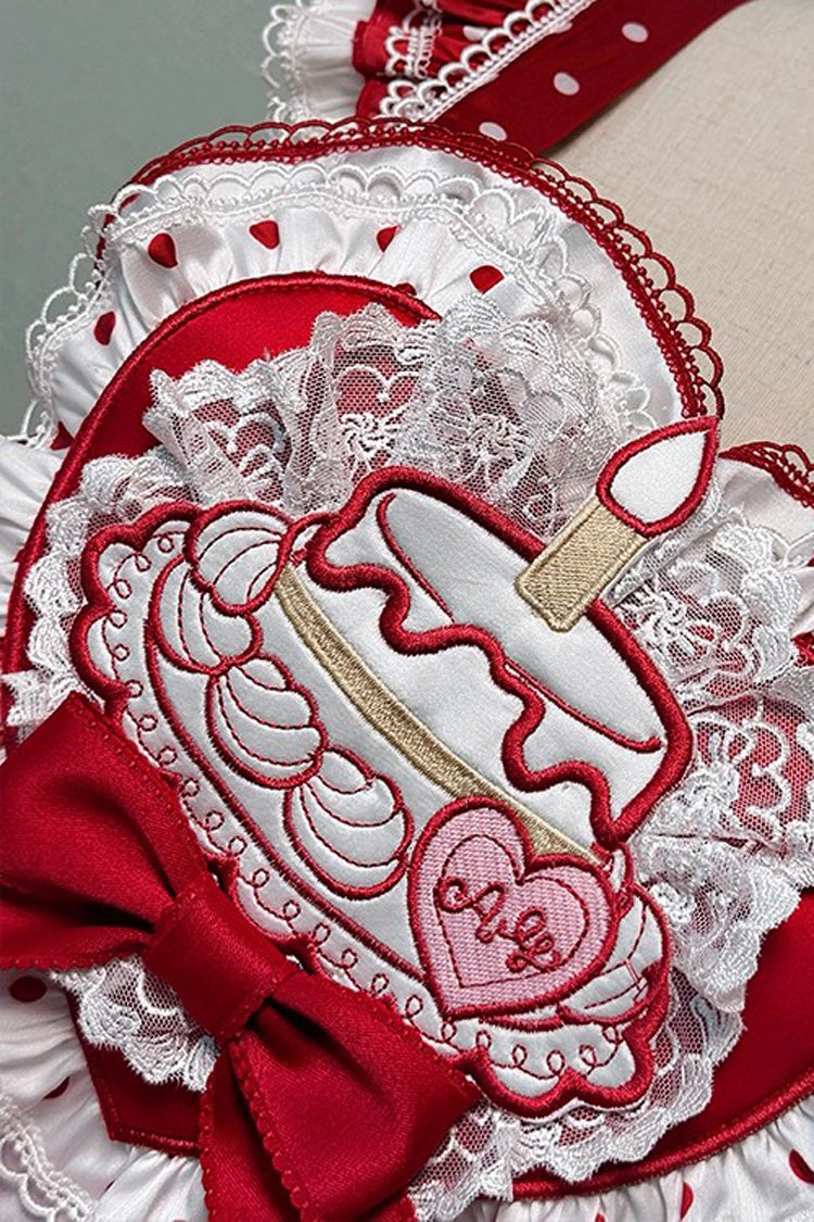 Red/White Twin Bears Birthday Cake Sleeveless Print Ruffle Bowknot Lace Sweet Lolita Big Flower Bud Dress