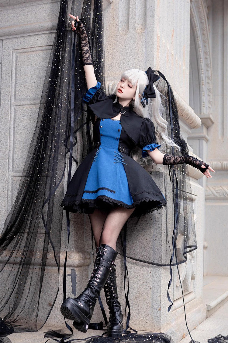 Black/Blue Night Liana Ruffle Bowknot Lace-Up Sweet Japanese Lolita Jumper Dress Set