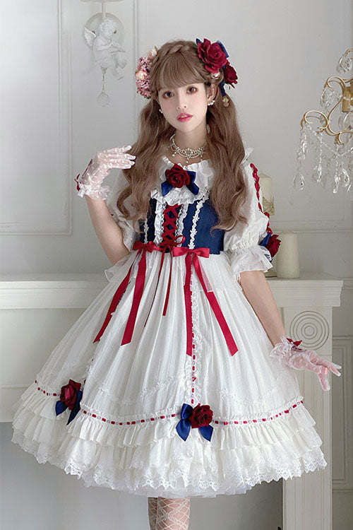 Blue/White Round Collar Bowknot Short Sleeves Multi-Layer Ruffled Sweet Lolita OP Tiered Dress
