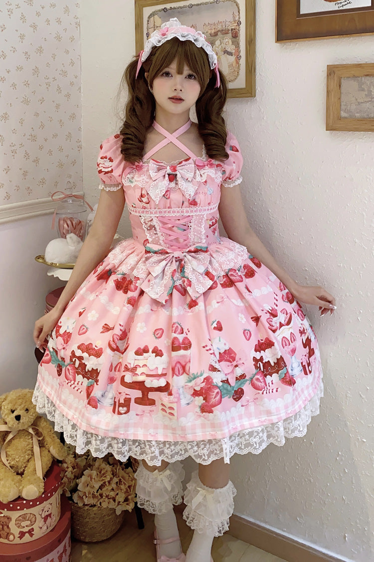 Pink Strawberry Parfait Print Short Sleeves Ruffle Bowknot Lace Lace-Up Sweet Lolita Dress