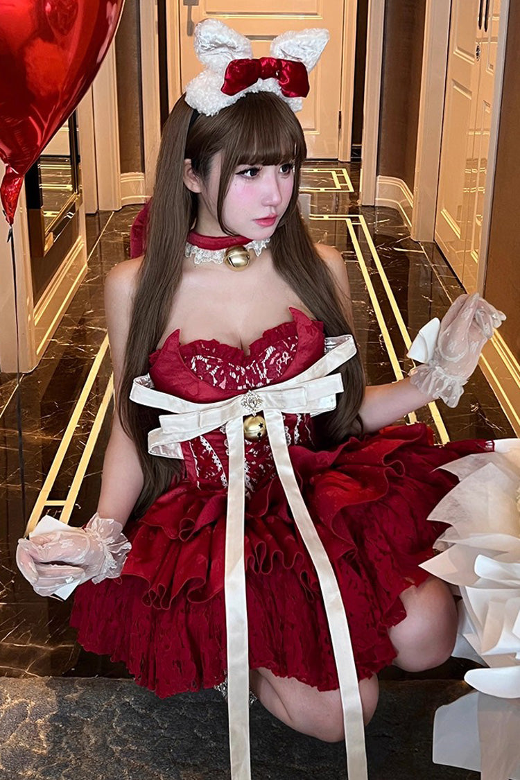 Red Holiday Lovers Sleeveless Triple-Layered Ruffle Hollow Bowknot Lace-Up Princess Ballet Sweet Lolita Dress