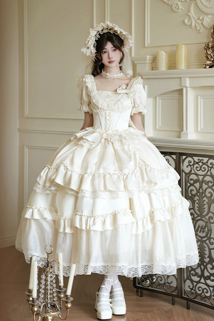 White Letters and Poems Square Collar Short Sleeves Ruffle Hanayome Bowknot Sweet Elegant Gorgeous Lolita Dress