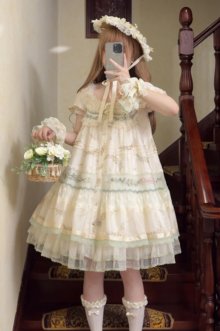 Multi-Color Daisy Poetry Print Ruffle Hollow Embroidery Lace Sweet Elegant Princess Lolita Dress