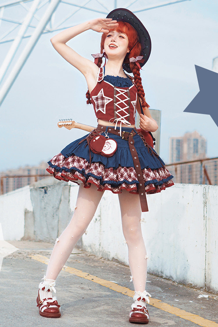 Red/Blue Apple Trap Triple-Layered Print Ruffle Lace-Up Sweet Lolita Jsk Dress Two-piece Set