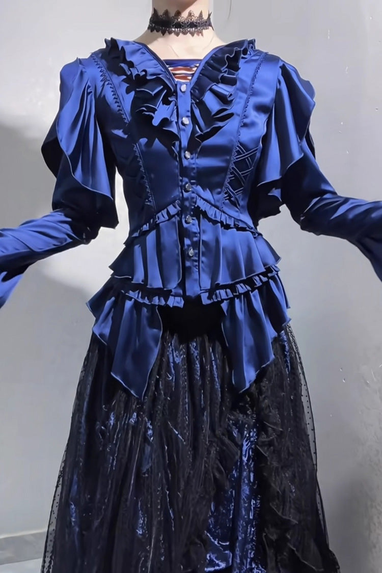 Echoes of the Deep Sea Long Hime Sleeves Ruffled Bow Lace-Up Gothic Ouji Lolita Blouse 4 Colors