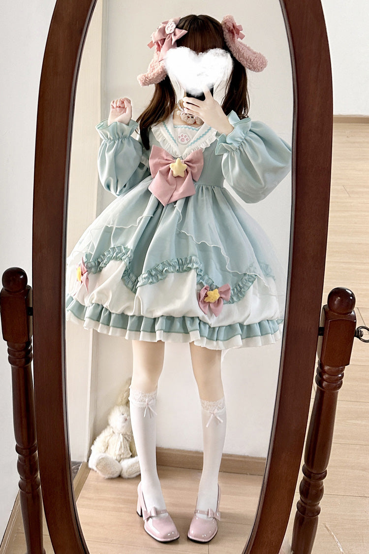 Pray Star Long Sleeves Double-Layered Ruffle Bowknot Stitching Lace Sweet Lolita Dress 5 Colors