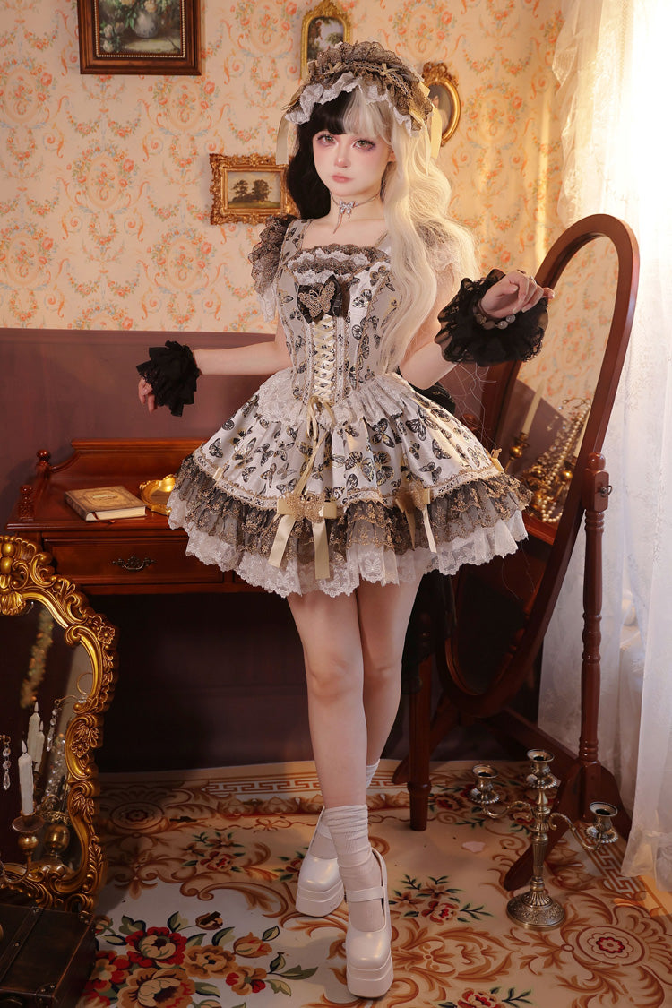 Cream Golden Spirit • Dream Butterfly Sleeveless Print Ruffle Bowknot Lace-Up Sweet Princess Lolita Jsk Dress Set