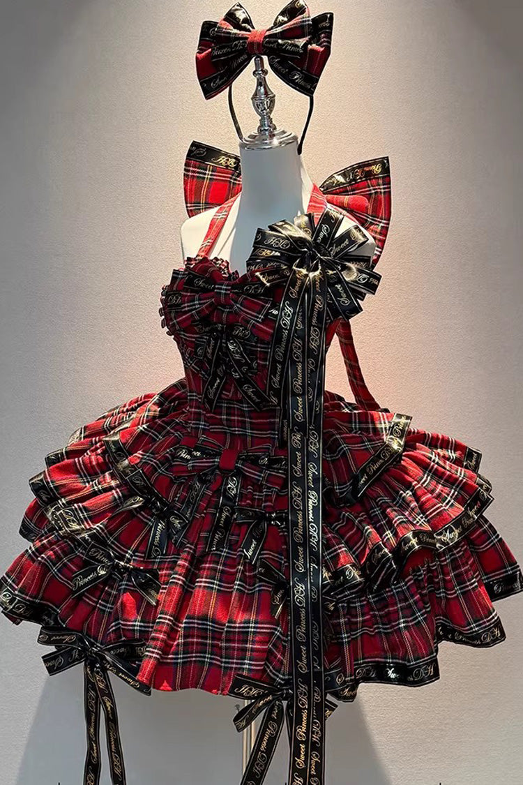 Red Rock Kitty Sleeveless Triple-Layered Printed Ruffled Bow Gothic Lolita Jsk Dress