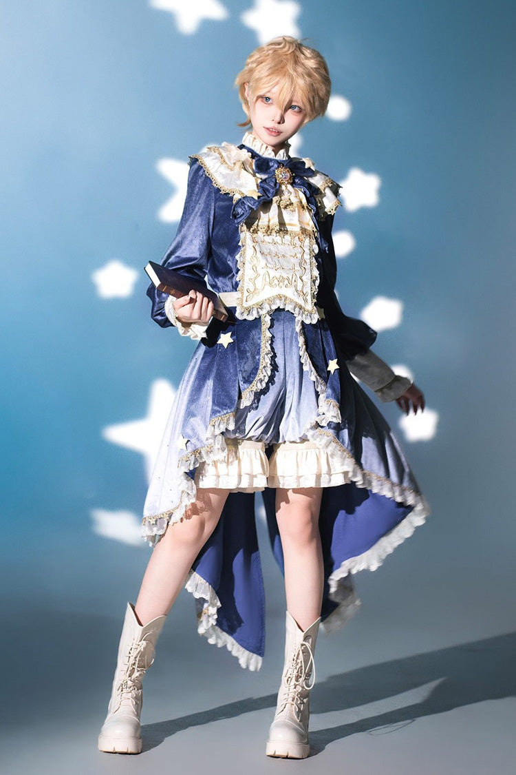 Blue Long Sleeves Ombre Ruffled Bow Ouji Gothic Lolita Swallowtail Dress Shorts Set