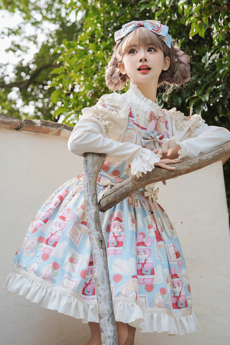 Light Blue Letter from Showa Rabbit and letter Print Ruffle Bowknot Sweet Princess Lolita Strap Dress