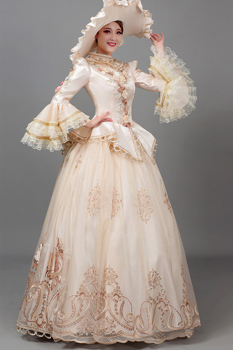 Champagne Court Style High Waisted Long Sleeves Floral Decorative Print Victorian Lolita Prom Dress