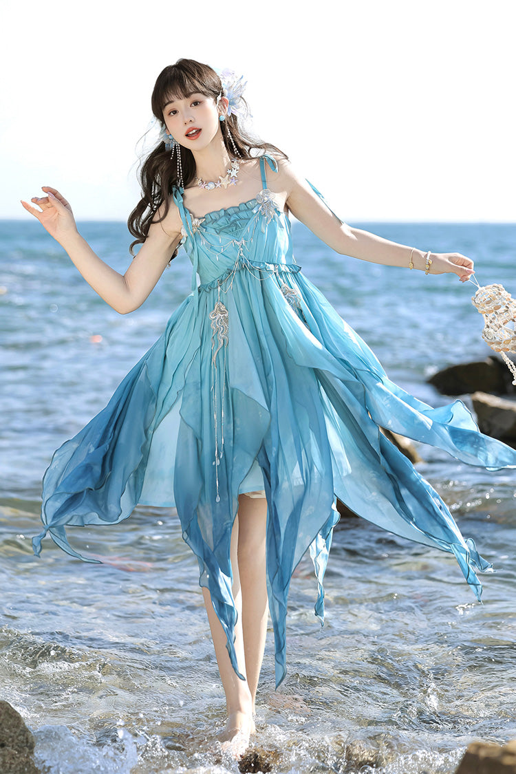 Blue Ocean Sprite Gradient Print Irregular Hooded Sweet Lolita Jsk Dress Cloak Set