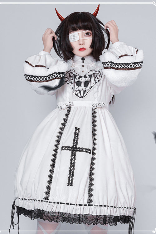 Beige Detachable High Neck Woolen Cuffs Demon Rabbit Gothic Lolita OP Dress
