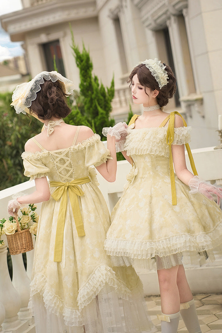 Yellow Falling Flowers as a Message Square Collar Short Sleeves Print Ruffle Lace Sweet Elegant Lolita Long Dress